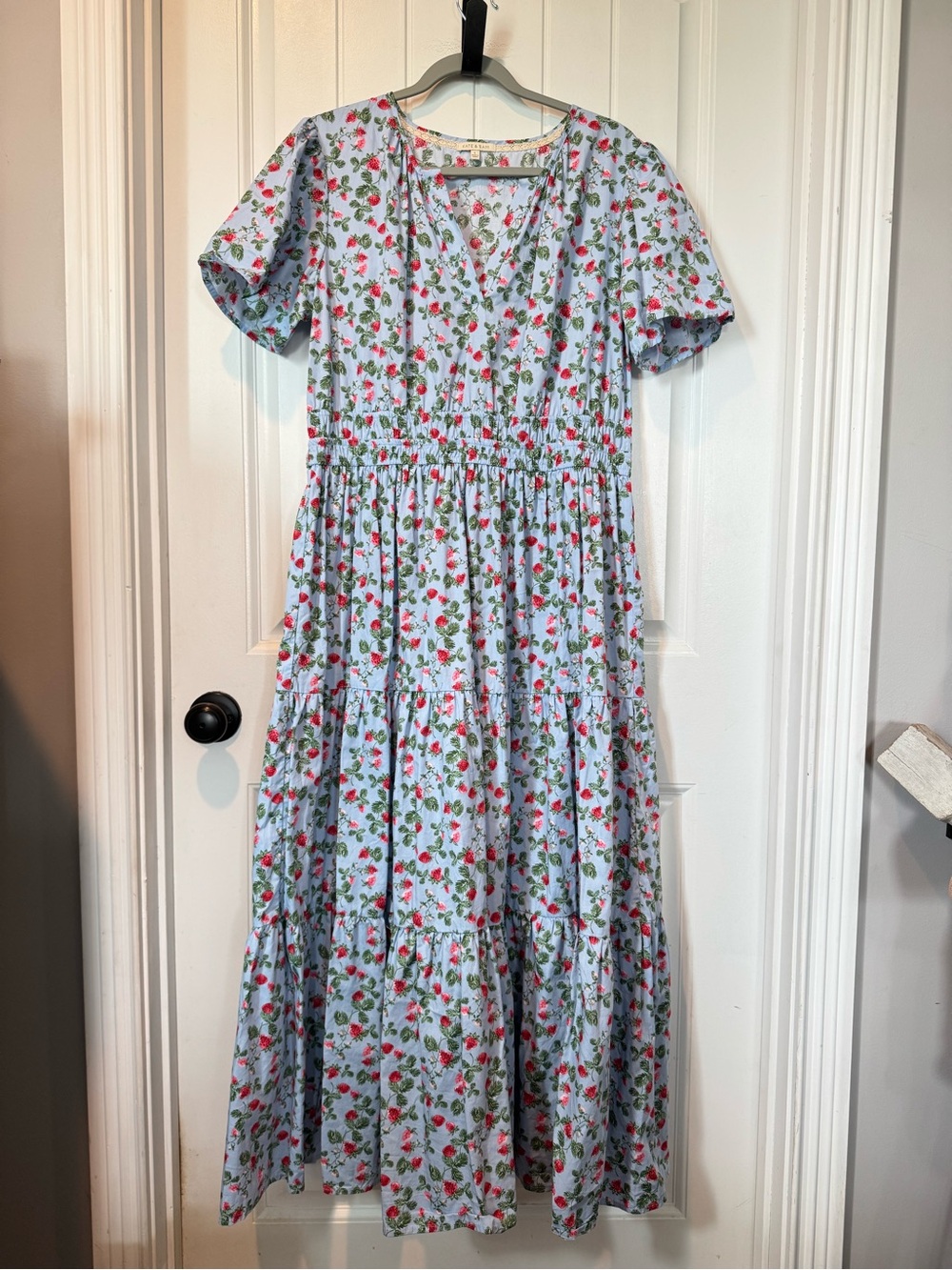 100% Cotton Light Blue Floral and Strawberry Print Tiered Maxi Dress with V-Neck